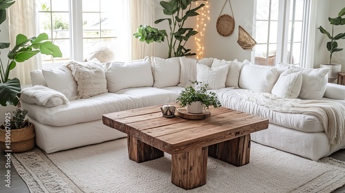A hygge haven with a wooden coffee table surrounded by a white sectional with thick pillow layers