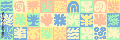 Hand drawn summer pattern with nature organic shapes, flat doodles. Groovy boho palm,beach, waves, sun, seashells and corals graphic symbols and elements. Summer vacation background in simple style.