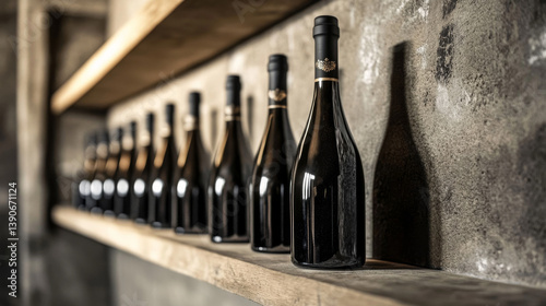 A lineup of premium wine bottles on a cellar shelf, emphasizing luxury and exclusivity