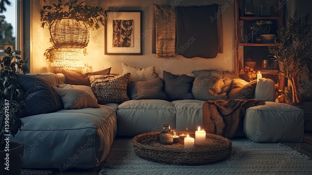 A hygge living room illuminated by soft floor lamps