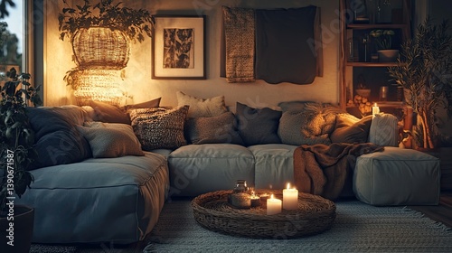 Obraz na płótnie A hygge living room illuminated by soft floor lamps w salonie