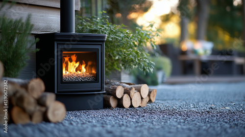 A beautifully designed black pellet stove with flames visible through its clear glass. The contemporary setting is complemented by wooden logs, showcasing its efficiency and elegan photo