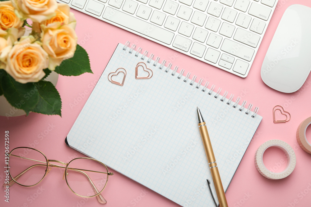 Paper clips, other stationery, computer keyboard, glasses and roses on pink background, flat lay Paper clips, other stationery, computer keyboard, glasses and roses on pink background, flat lay