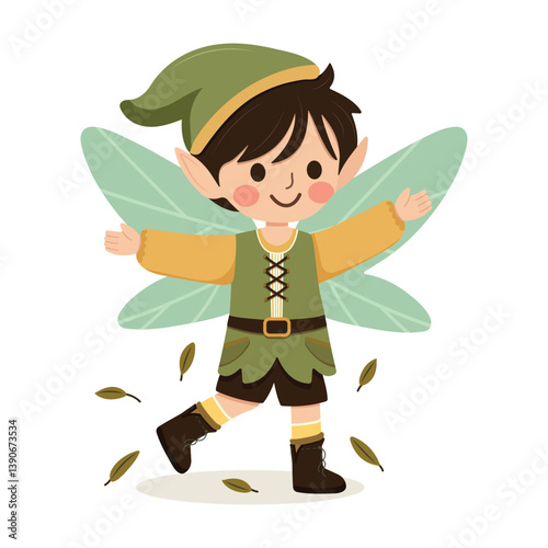Cute forest fairy boy with wings on white background. Poster, Banner, Flyer, Greeting Card. Vector illustration in flat cartoon style
