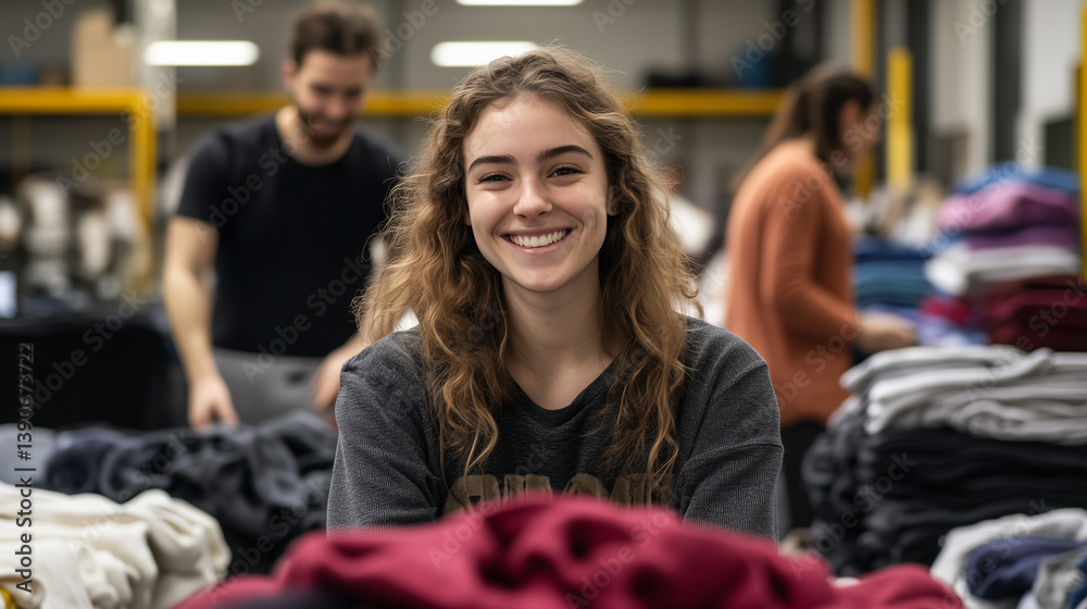 A woman with a warm smile sorts through sweaters and shirts in a busy donation center. Stacks of clothes surround her as two people fold and arrange garments in the background.