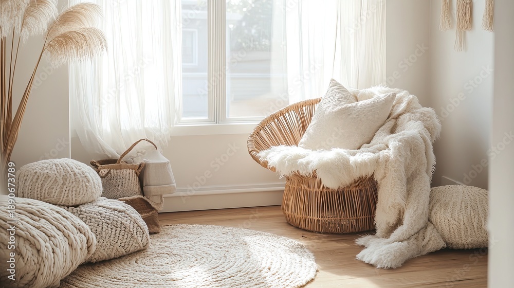 A light-filled Scandinavian hygge-inspired nook focusing on layers of design: a rattan chair