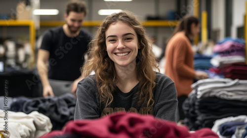 Obraz na płótnie A woman with a warm smile sorts through sweaters and shirts in a busy donation center. Stacks of clothes surround her as two people fold and arrange garments in the background. w salonie