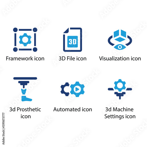 Framework, 3D File, Visualization, 3d Prosthetic, Automated, 3d Machine Settings, Blue Icon Set