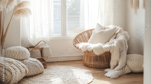 Obraz na płótnie A light-filled Scandinavian hygge-inspired nook focusing on layers of design: a rattan chair w salonie