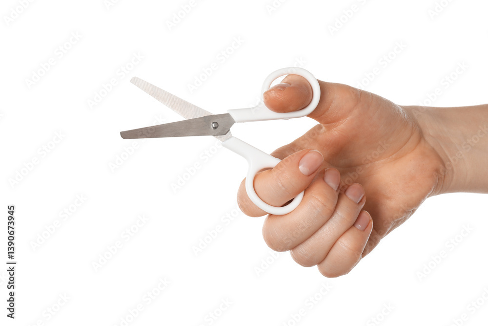 Woman with scissors on white background, closeup Woman with scissors on white background, closeup