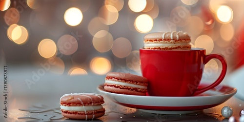 Red Cup and Holiday Macarons Flat Lay

