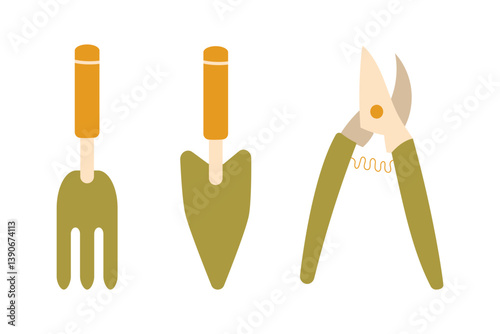 Fork, shovel, and pruners in simple design, vector illustration isolated on white. Ideal for gardening, outdoor tools, flat art.