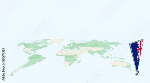Highlighted New Zealand on Global Map with 3D Flag Location Pin of New Zealand.