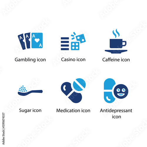 Casino, Caffeine, Sugar, Medication, Antidepressant, Blue Icon Set