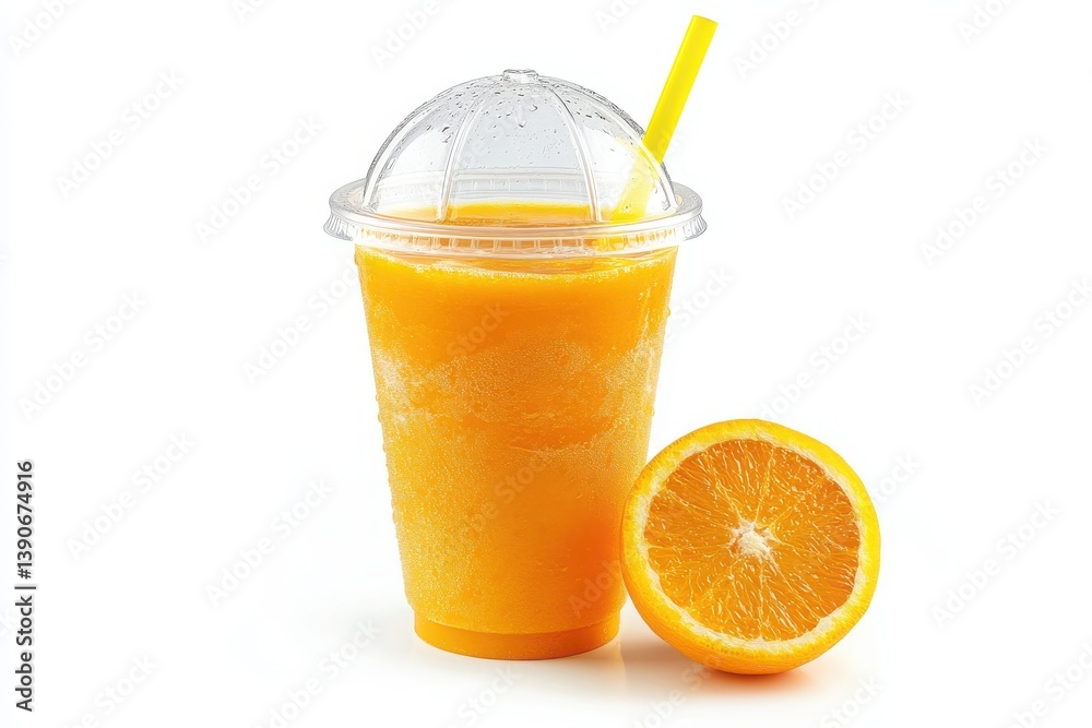 Orange juice in cup with straw and half orange on white surface Orange juice in cup with straw and half orange on white surface