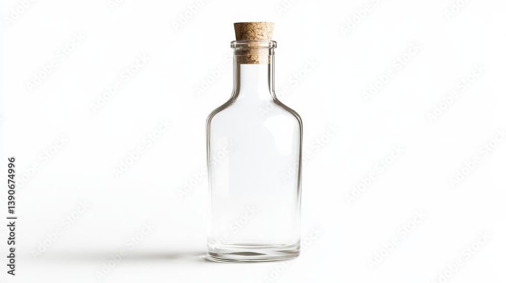 A transparent bottle of white liquor with a cork, displayed without any label A transparent bottle of white liquor with a cork, displayed without any label
