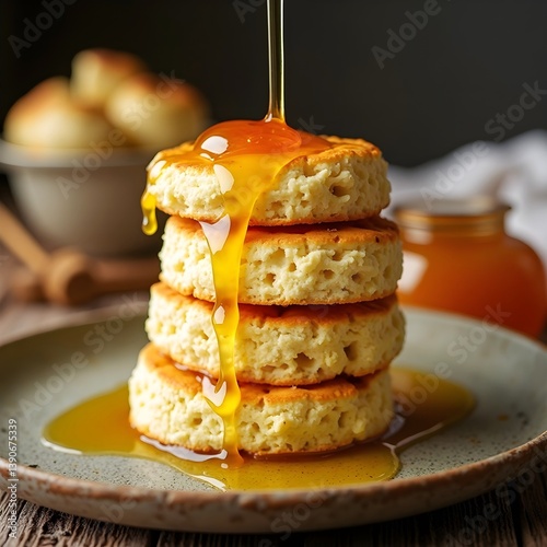 A stack of buttered biscuits with honey glaze.