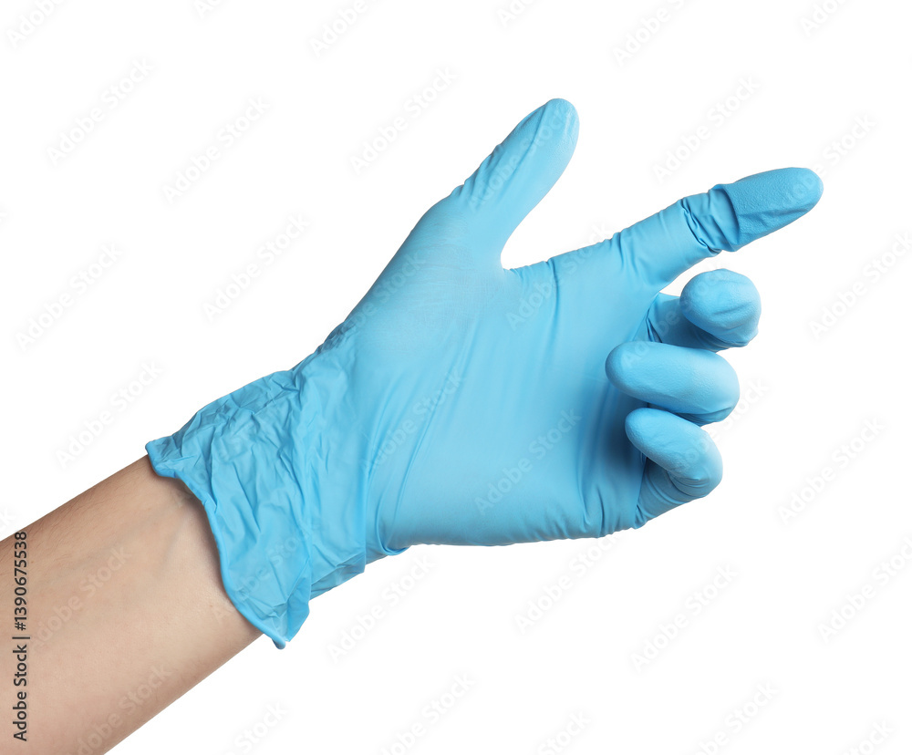 Doctor in medical glove pointing at something on white background, closeup Doctor in medical glove pointing at something on white background, closeup