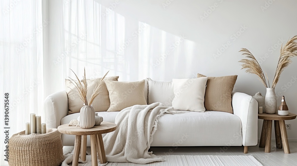 A minimalist hygge living room with clean white walls