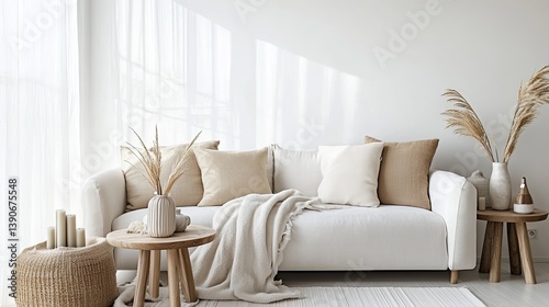 Obraz na płótnie A minimalist hygge living room with clean white walls w salonie