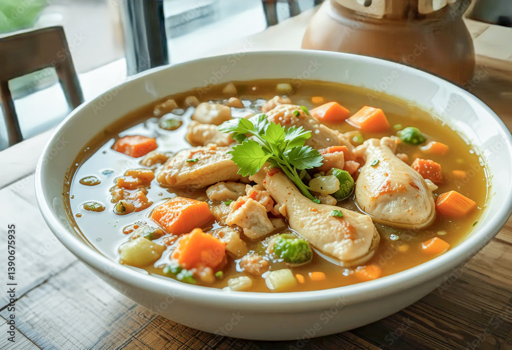 A bowl of chicken and vegetable soup A bowl of chicken and vegetable soup