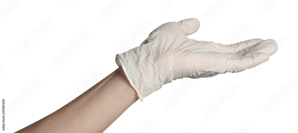 Doctor in medical glove holding something on white background, closeup Doctor in medical glove holding something on white background, closeup