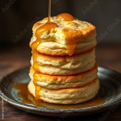 A stack of buttered biscuits with honey glaze.