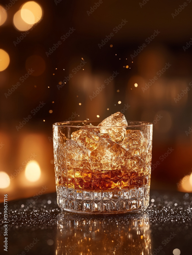Glass of whiskey with ice cubes splashing, warm lighting. Glass of whiskey with ice cubes splashing, warm lighting.