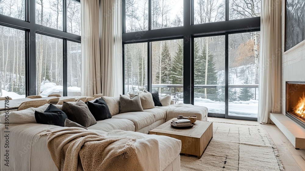 A modern hygge-inspired room with floor-to-ceiling windows
