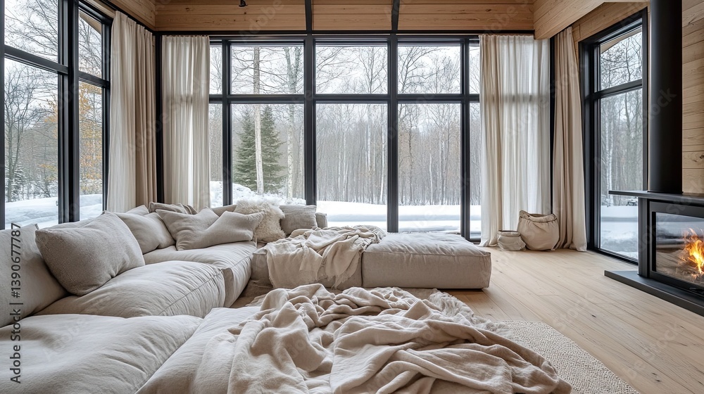 A modern hygge-inspired room with floor-to-ceiling windows