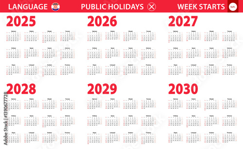2025-2030 year calendar in Croatian language, week starts from Sunday.