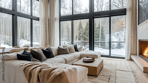 Obraz na płótnie A modern hygge-inspired room with floor-to-ceiling windows w salonie