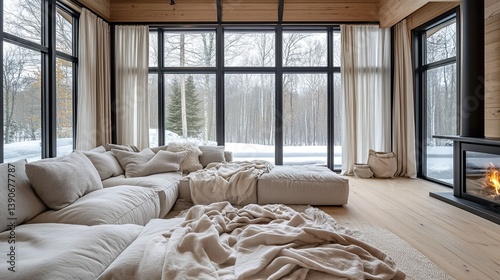 Obraz na płótnie A modern hygge-inspired room with floor-to-ceiling windows w salonie