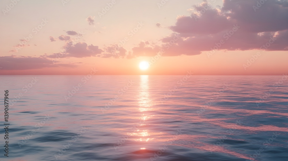 Fototapeta premium A cinematic medium shot of the ocean at sunset, where the sky is painted in soft pink and orange hues. The calm waves reflect the warm glow of the setting sun, stretching endlessly toward the horizon.