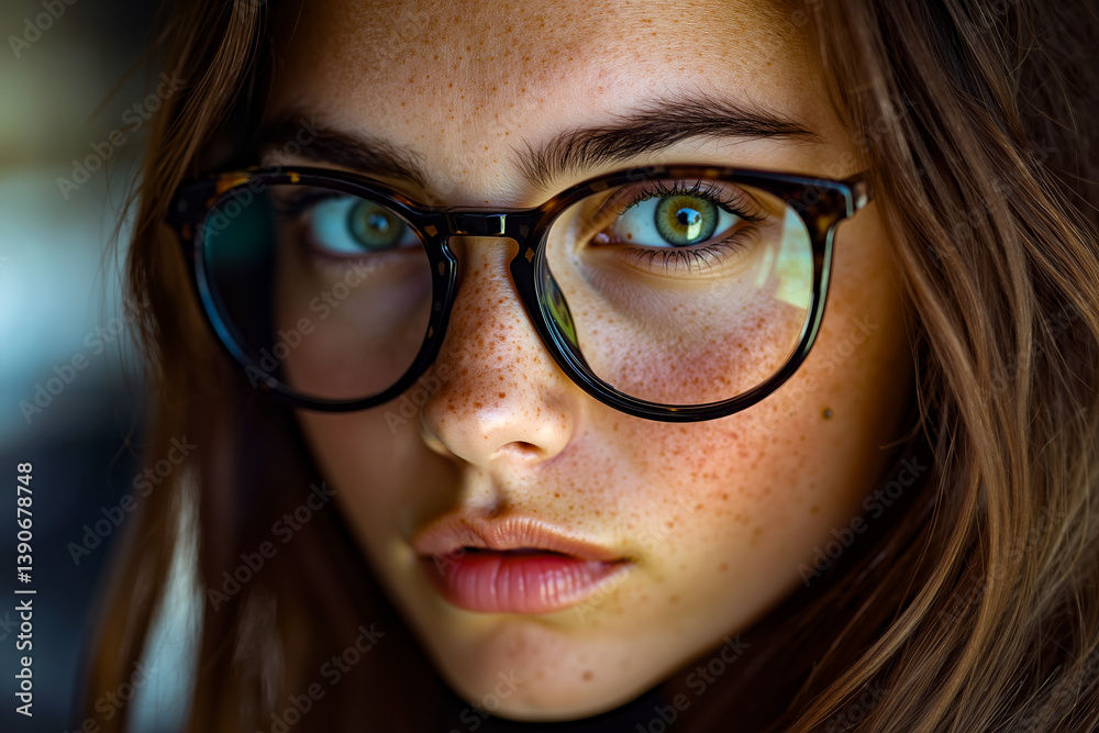 A close up of a woman with freckles on her face wearing glasses A close up of a woman with freckles on her face wearing glasses