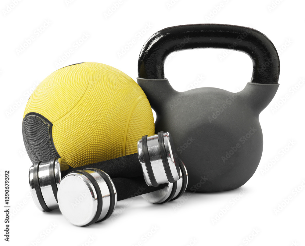 Kettlebell, exercise ball and dumbbells isolated on white