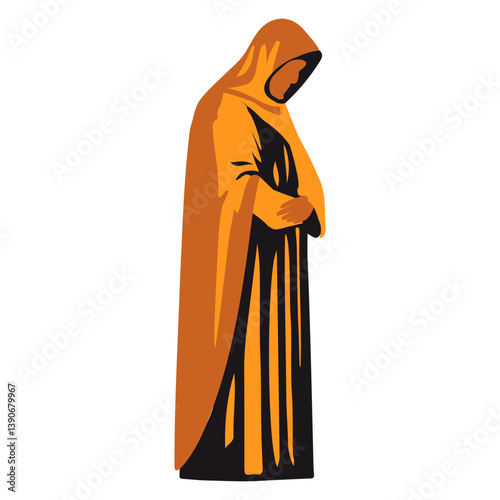 Religious Figure in Prayerful Pose, Wearing a Traditional Orange Robe