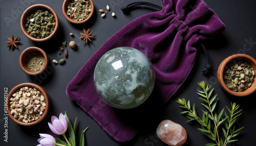 Mystical talisman and herbs for spiritual rituals on dark table with crystals and pouch