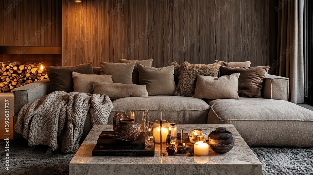 A modern yet cozy hygge living room with a taupe sectional
