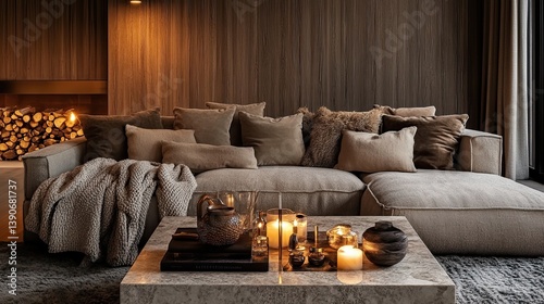 Obraz na płótnie A modern yet cozy hygge living room with a taupe sectional w salonie
