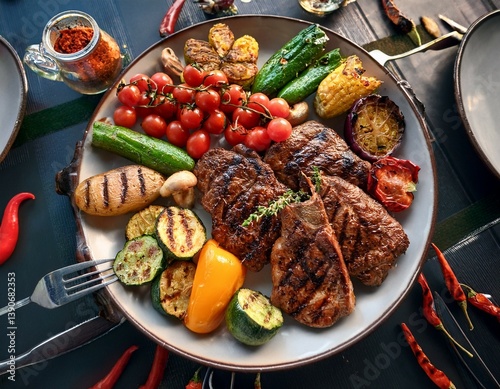 a generous spread of juicy grilled meats with a medley of colorful vegetables artfully arranged to offer a delightful culinary experience