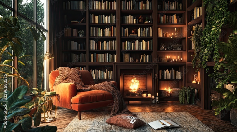 A modern yet cozy room featuring floor-to-ceiling bookcases