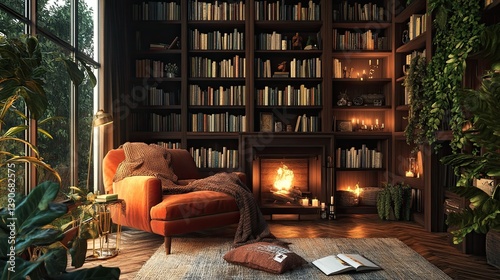Obraz na płótnie A modern yet cozy room featuring floor-to-ceiling bookcases w salonie