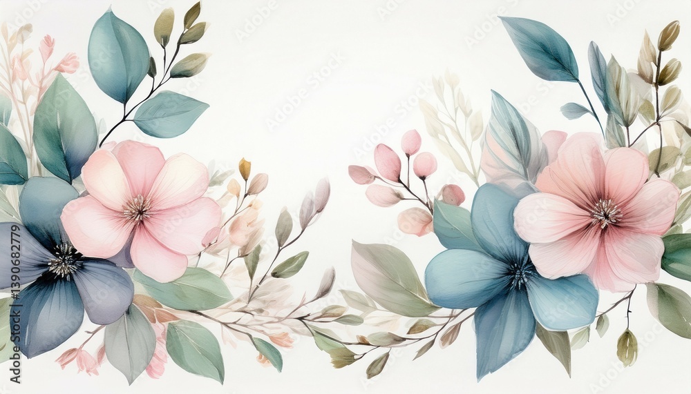 Fototapeta premium watercolor pastel flowers with delicate leaves and buds