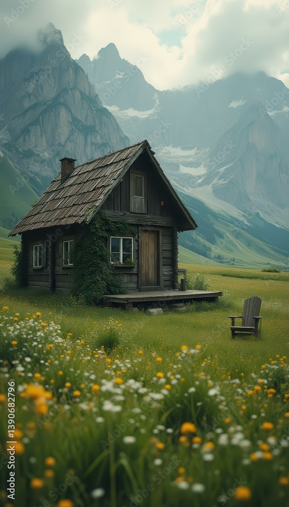 Rustic Wooden Cabin in a Vibrant Meadow with Towering Mountains, Secluded Retreat, Peaceful Ambiance, Outdoor Relaxation, Untouched Nature Rustic Wooden Cabin in a Vibrant Meadow with Towering Mountains, Secluded Retreat, Peaceful Ambiance, Outdoor Relaxation, Untouched Nature