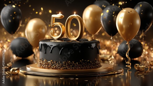 Elegant Black and Gold 50th Birthday Cake with Balloons Festive Celebration Delicious Dessert Sweet Treat Party Decor Anniversary Golden Number Candles Confetti Luxury Rich Design Background Image    