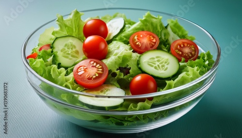 refreshing salad bowl a vibrant mix of crisp lettuce juicy cherry tomatoes and thinly sliced cucumbers in a clear glass bowl perfect for a healthy and delicious meal