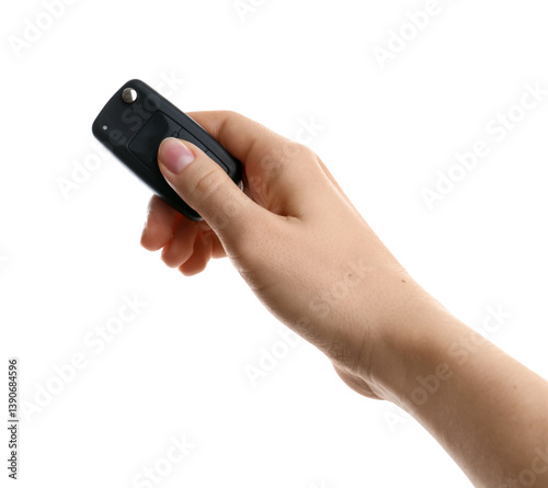 Obraz na płótnie Woman with car key on white background, closeup w salonie