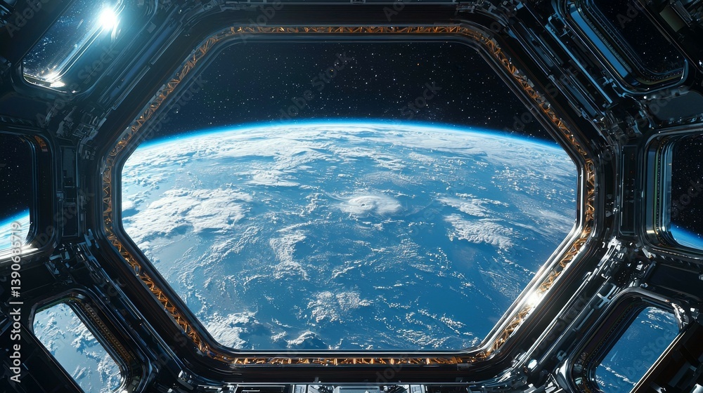 Naklejka premium Glimpse of Earth from the Interior of a Space Station