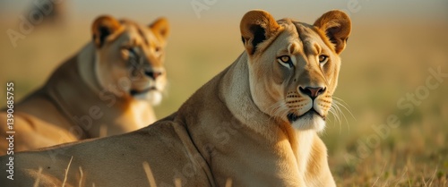 Lioness Pair Resting in Golden Light on the African Savanna - Wildlife Portrait